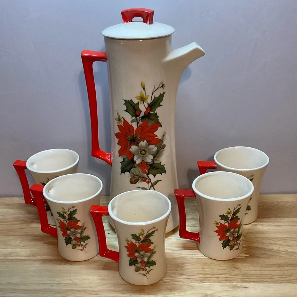 🎄Vintage MCM Arners Poinsettia Flower  Christmas Chocolate Pot & 5 Matching Mugs - Picture 2 of 14